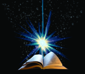 A book opened to the centre with a bright blue light above it