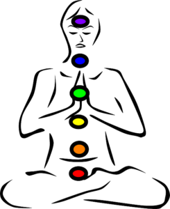 A silhouette of a figure sitting cross legged with hands in prayer pose. The seven main chakras are shown along the length of the spine in their respective colours. 