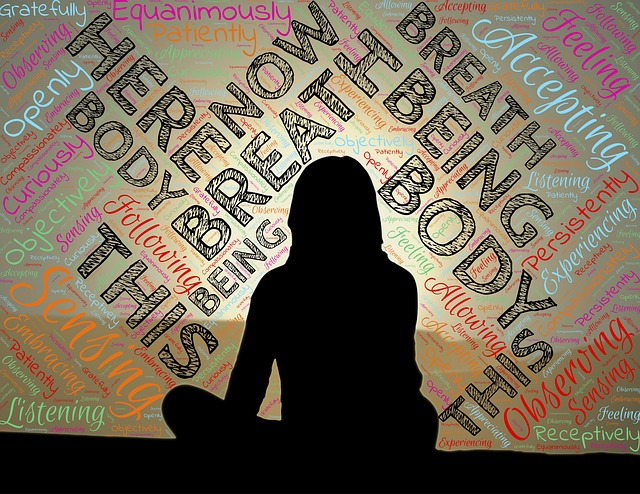 A woman silhouette sits facing away with words in the background. Here. Body. Breathe. 